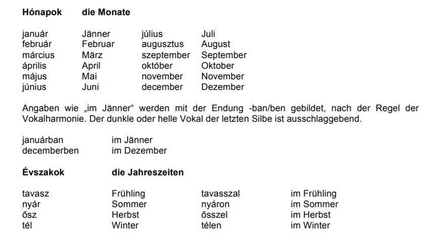 Monate und Jahreszeiten im Ungarischen